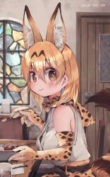 Rule 34 | 1girl, animal ears, bare shoulders, blonde hair, blush, bow, bowtie, cat ears, cat girl, cat tail, eating, elbow gloves, extra ears, gloves, hair between eyes, high-waist skirt, highres, kemono friends, looking at viewer, nanana (nanana iz), print bow, print bowtie, print gloves, print skirt, serval (kemono friends), serval print, shirt, short hair, sidelocks, sitting, skirt, sleeveless, smile, solo, spoon, table, tail, white shirt, yellow eyes