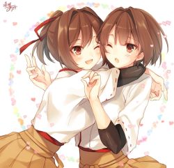 Rule 34 | 2girls, :d, ;o, brown eyes, brown hair, hug, hyuuga (kancolle), ise (kancolle), japanese clothes, kantai collection, long hair, multiple girls, one-hour drawing challenge, one eye closed, open mouth, ponytail, short hair, signature, smile, toosaka asagi