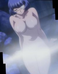 Rule 34 | 1girl, blue hair, breasts, censored, eyepatch, closed eyes, ikkitousen, large breasts, legs, nipples, nude, ryomou shimei, short hair
