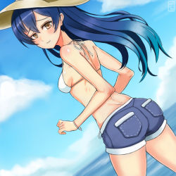 Rule 34 | 10s, 1girl, ass, bikini, bikini top only, blue hair, blush, bracelet, breasts, brown eyes, dutch angle, from behind, halterneck, hat, jewelry, long hair, looking at viewer, looking back, love live!, love live! school idol festival, love live! school idol project, nadaellus (arx075), ocean, shorts, sideboob, small breasts, smile, solo, sonoda umi, standing, swimsuit, yellow eyes