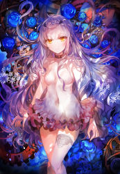 Rule 34 | 1girl, absurdres, bare shoulders, blush, breasts, brown eyes, collar, collarbone, covered navel, dress, melusine (fate), fate/grand order, fate (series), flower, forked eyebrows, highres, long hair, looking at viewer, rioka (southern blue sky), short dress, sidelocks, single thighhigh, small breasts, solo, thighhighs, thighs, white dress, white hair, white thighhighs