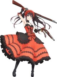 Rule 34 | 1girl, antique firearm, armpits, bare shoulders, black hair, breasts, clock eyes, date a live, dress, dual wielding, firearm, firelock, flintlock, frilled dress, frills, full body, gothic lolita, gun, hairband, heterochromia, holding, holding gun, holding weapon, lolita fashion, lolita hairband, medium breasts, official art, red dress, red eyes, simple background, solo, standing, symbol-shaped pupils, tachi-e, tokisaki kurumi, transparent background, twintails, two-tone dress, weapon