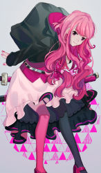 Rule 34 | 1girl, asymmetrical legwear, belt, black jacket, black thighhighs, bow, curly hair, floating hair, gina 61324, grey background, hair bow, highres, hood, hood down, hooded jacket, jacket, leaning forward, long hair, looking at viewer, mary janes, nail polish, original, pink hair, pink nails, pink thighhighs, purple eyes, red bow, sheath, sheathed, shoes, skirt, smile, solo, standing, sword, thighhighs, uneven legwear, very long hair, weapon, white skirt