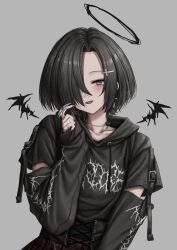Rule 34 | 1girl, absurdres, black hair, black halo, black hoodie, black nails, black wings, bob cut, choker, commentary request, cropped shirt, cross, cross hair ornament, dark halo, detached sleeves, detached wings, goth fashion, grey background, grey choker, grey eyes, hair ornament, hair over one eye, hairclip, halo, happy, highres, hood, hoodie, jewelry, kurotama rei, latin cross, lobsteranian, looking at viewer, mini wings, mole, mole under eye, nail polish, original, plaid, plaid skirt, pointing, pointing at self, ring, short hair, simple background, skirt, smile, solo, wings