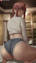 Rule 34 | 1girl, ass, blue shorts, blurry, blurry background, chainsaw man, closed mouth, commentary, from behind, highres, indoors, library, long sleeves, looking at viewer, looking back, makima (chainsaw man), patreon logo, patreon username, red hair, ringed eyes, shexyo, short shorts, shorts, sitting, smile, solo, sweater, turtleneck, turtleneck sweater, underbutt, wariza, watermark, web address, white sweater, yellow eyes