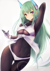 Rule 34 | 1girl, bad id, bad pixiv id, blush, bodysuit, borrowed character, breasts, cleavage, closed mouth, covered navel, cowboy shot, crop top, fingerless gloves, gloves, gluteal fold, green hair, headgear, highres, long hair, looking at viewer, menou kaname (taishi), original, purple eyes, shorts, simple background, sleeveless, smile, snm (sunimi), solo, thigh gap, very long hair, white gloves, white shorts