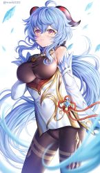 Rule 34 | ahoge, artist name, bare shoulders, bell, black gloves, black pantyhose, blue hair, blush, bodystocking, bodysuit, bow, bowtie, breasts, chinese knot, covered navel, detached sleeves, flower knot, ganyu (genshin impact), genshin impact, gloves, gold trim, hand on own chest, highres, horns, large breasts, leotard, leotard under clothes, long hair, low ponytail, multicolored eyes, neck bell, pantyhose, sidelocks, solo, standing, tassel, thighlet, twitter username, ubi (ekdus6080), very long hair, vision (genshin impact), white sleeves
