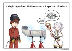 Rule 34 | 1boy, 1girl, border, closed eyes, commentary, dated, elf, english commentary, english text, frieren, highres, holding, holding staff, industrial, industrial pipe, looking at another, no nose, open mouth, pointy ears, red hair, sbarky38, sousou no frieren, speech bubble, staff, stark (sousou no frieren), tears, twintails, welding, welding mask, white hair