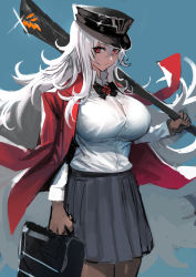 Rule 34 | 1girl, absurdres, azur lane, bag, bow, bowtie, breasts, buttons, club (weapon), collared shirt, graf zeppelin (azur lane), hair between eyes, hat, highres, holding, holding bag, holding club, holding weapon, jacket, jacket on shoulders, kaki z3, large breasts, long hair, looking at viewer, messy hair, pantyhose, peaked cap, pleated skirt, red eyes, red jacket, shirt, skirt, solo, weapon, white hair