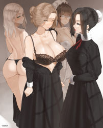Rule 34 | 4girls, apron, arms at sides, ass, back, black bra, black dress, black hair, black panties, blonde hair, bra, breasts, brown hair, bun cover, cleavage, closed eyes, closed mouth, collarbone, dress, unworn dress, edea (throtem), from behind, glasses, green eyes, hair bun, half-closed eyes, hands up, hat, highres, holding, holding clothes, holding dress, kana (throtem), large breasts, lipstick, long dress, long hair, long sleeves, looking at viewer, looking back, maid cap, makeup, martha (throtem), mob cap, multiple girls, navel, neck ribbon, off shoulder, open clothes, open dress, original, panties, parted lips, red eyes, red lips, red ribbon, ribbon, rimless eyewear, round eyewear, sara (throtem), side-tie panties, sidelocks, simple background, single hair bun, standing, string panties, thong, throtem, topless, unbuttoned, underwear, underwear only, undressing, waist apron, white apron, white background, white bra, white headwear, wrist cuffs