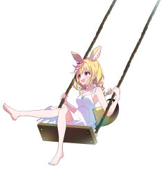 Rule 34 | 1girl, absurdres, alternate costume, alternate hairstyle, animal ear fluff, animal ears, bare shoulders, barefoot, black hair, blonde hair, blue nails, blush, braid, breasts, dress, epilogue in the attic (hololive), feet, fox ears, fox girl, fox tail, full body, heart, heart-shaped pupils, highres, hololive, ichijo rei, legs, looking to the side, medium breasts, medium hair, multicolored hair, nail polish, official art, omaru polka, open mouth, pink hair, purple eyes, sidelocks, simple background, sleeveless, sleeveless dress, smile, solo, spaghetti strap, streaked hair, swing, swinging, symbol-shaped pupils, tachi-e, tail, toenail polish, toenails, toes, twin braids, twintails, virtual youtuber, white background, white dress