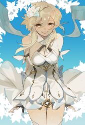 Rule 34 | 1girl, arms at sides, bare shoulders, blonde hair, blue background, boots, breasts, cleavage, cowboy shot, detached sleeves, dress, feather hair ornament, feathers, flower, genshin impact, gloves, gold trim, hair between eyes, hair flower, hair ornament, highres, lily (flower), looking at viewer, lumine (genshin impact), medium breasts, open mouth, partially fingerless gloves, scarf, short hair with long locks, sidelocks, sleeveless, sleeveless dress, smile, solo, talesofmea, thigh boots, white dress, white flower, white scarf, yellow eyes