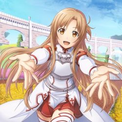 Rule 34 | :d, armor, asuna (sao), blue sky, breastplate, brown eyes, brown hair, day, detached sleeves, floating hair, jpeg artifacts, long hair, miniskirt, open mouth, outdoors, outstretched arm, pleated skirt, red skirt, skirt, sky, smile, solo, sword art online, thighhighs, very long hair, waist cape, white thighhighs, zettai ryouiki