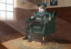 Rule 34 | absurdres, black pantyhose, carpet, collared jacket, collared shirt, framed, green chair, green jacket, hat, highres, huihuang rongyao, jacket, lapels, medal, military uniform, necktie, on chair, original, pantyhose, peaked cap, photo (object), red eyes, shirt, shoes, single shoe, sitting, soles, soviet, soviet army, uniform, watermark, white hair, window
