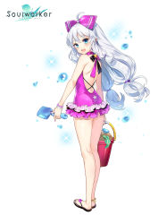 Rule 34 | 1girl, :d, ahoge, artist request, back, backless swimsuit, bare legs, bare shoulders, blue eyes, bow, bracelet, bucket, frilled swimsuit, frills, full body, hair bow, highres, holding, jewelry, long hair, looking at viewer, looking back, low twintails, nail polish, official art, one-piece swimsuit, open mouth, pink one-piece swimsuit, sand, shoulder blades, slippers, smile, solo, soulworker, standing, stella unibell, swimsuit, thighs, trowel, twintails, white background, white hair