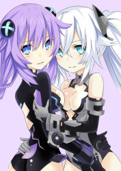 Rule 34 | 10s, 2girls, :d, aqua eyes, arm around waist, arm grab, armlet, ass, back, back cutout, bad id, bad pixiv id, bare shoulders, black heart (neptunia), blue eyes, blush, braid, breasts, cleavage, cleavage cutout, clothing cutout, elbow gloves, female focus, from side, gloves, hair between eyes, hair ornament, halterneck, hug, kami jigen game neptune v, leotard, light smile, long hair, looking at viewer, looking back, magical girl, mikan no shiru, multiple girls, narrow waist, neptune (neptunia), neptune (series), no nose, noire (neptunia), open mouth, parted lips, power symbol, power symbol-shaped pupils, purple background, purple hair, purple heart (neptunia), sideboob, sidelocks, simple background, smile, symbol-shaped pupils, turtleneck, twin braids, twintails, vambraces, very long hair, white hair, yuri