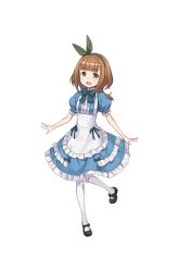 Rule 34 | 1girl, :d, alice (alice in wonderland), alice (alice in wonderland) (cosplay), alice in wonderland, beatrice (princess principal), black footwear, blue dress, blunt bangs, brown hair, cosplay, double bun, dress, frills, full body, hair bun, hairband, highres, looking at viewer, official art, open mouth, pantyhose, princess principal, princess principal game of mission, puffy short sleeves, puffy sleeves, shoes, short hair, short sleeves, skirt, smile, solo, standing, standing on one leg, transparent background, white pantyhose