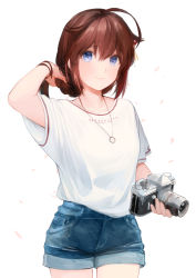 Rule 34 | 1girl, ahoge, alternate costume, arm up, blue eyes, blush, braid, brown hair, camera, casual, chagen kokimu, cherry blossoms, collarbone, commentary, cowboy shot, denim, denim shorts, hair flaps, hair ornament, hair over shoulder, hair ribbon, highres, holding, holding camera, jewelry, kantai collection, long hair, looking at viewer, necklace, petals, ribbon, shigure (kancolle), shigure kai ni (kancolle), shirt, short sleeves, shorts, simple background, single braid, smile, solo, symbol-only commentary, white background, white shirt
