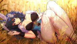 Rule 34 | 1girl, animal ears, ass, blue eyes, blue hair, breasts, esther shen, fake animal ears, fire emblem, fire emblem awakening, fire emblem heroes, grass, head tilt, knees up, large breasts, legs together, leotard, long hair, looking at viewer, lucina (fire emblem), lucina (spring) (fire emblem), lying, nintendo, official alternate costume, on back, outdoors, pantyhose, playboy bunny, rabbit ears, shade, solo, sunlight, tall grass, thighs