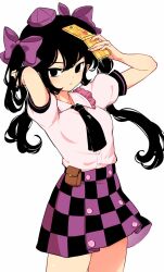 Rule 34 | 1girl, adjusting hair, black hair, black necktie, bow, buttons, cowboy shot, hair bow, hat, highres, himekaidou hatate, holding, holding phone, looking at viewer, maguro (mawaru sushi), necktie, phone, plaid, plaid skirt, puffy short sleeves, puffy sleeves, purple bow, purple hat, short sleeves, skirt, solo, tokin hat, touhou, twintails, white background
