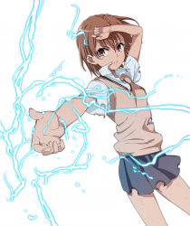 Rule 34 | 1girl, action, biribiri, brown eyes, brown hair, burnt clothes, electricity, electrokinesis, fantasy, feet, foreshortening, hair ornament, hairpin, hand up, highres, isshi pyuma, misaka mikoto, outstretched arm, parted lips, pleated skirt, psychic, school uniform, science fiction, short hair, simple background, skirt, solo, sweater vest, teeth, toaru kagaku no railgun, toaru majutsu no index, tokiwadai school uniform, torn clothes, v-neck