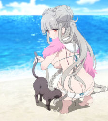 Rule 34 | 1girl, azur lane, bikini, braid, breasts, butt crack, cat, formidable (azur lane), formidable (the lady of the beach) (azur lane), grey hair, highres, large breasts, long hair, red eyes, screencap, sideboob, stitched, swimsuit, third-party edit, underboob