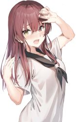 Rule 34 | 1girl, alternate costume, alternate hairstyle, bad id, bad twitter id, blunt bangs, blush, breasts, heterochromia, highres, hololive, houshou marine, long hair, looking at viewer, medium breasts, open mouth, red eyes, red hair, school uniform, serafuku, simple background, solo, upper body, virtual youtuber, white background, xkirara39x, yellow eyes