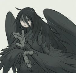 Rule 34 | 1girl, absurdres, animal hands, claws, commentary, english commentary, feathered wings, feathers, greyscale, harpy, highres, long hair, looking at viewer, messy hair, monochrome, monster girl, original, simple background, solo, tateoftot, winged arms, wings