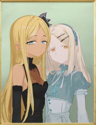 Rule 34 | 2girls, absurdres, black dress, blonde hair, blue eyes, breasts, brooch, cobwvmeti, dark-skinned female, dark skin, dress, elbow gloves, expressionless, gakuen idolmaster, gloves, green dress, grey hair, hair ornament, hairband, hairclip, half-closed eyes, highres, idolmaster, idolmaster cinderella girls, jewelry, juliet sleeves, layla (idolmaster), long hair, long sleeves, looking at viewer, multiple girls, orange eyes, puffy sleeves, shinosawa hiro, small breasts, upper body