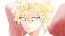Rule 34 | 1boy, alternate costume, beard, blonde hair, blurry, blurry background, boku no hero academia, close-up, deavor lover, facial hair, feathered wings, feathers, hawks (boku no hero academia), highres, male focus, portrait, shirt, smile, solo, upper body, wings, yellow eyes