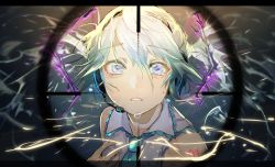 Rule 34 | 1girl, blue eyes, collared shirt, crying, crying with eyes open, energy, floating hair, green hair, hair between eyes, hand up, hassan (sink916), hatsune miku, headset, letterboxed, long hair, looking at viewer, necktie, parted lips, reticule, shirt, sleeveless, sleeveless shirt, solo, streaming tears, tattoo, tears, twintails, upper body, vocaloid, wing collar