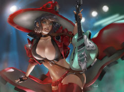 Rule 34 | 1girl, black hair, breasts, cleavage, electric guitar, fingerless gloves, gloves, guilty gear, guilty gear strive, guitar, hat, highres, i-no, instrument, jacket, large breasts, midriff, red hat, red jacket, red thighhighs, reikakukoto, short hair, thighhighs, venus symbol, witch hat