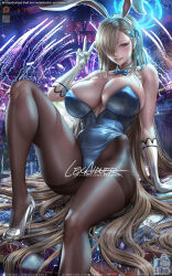 Rule 34 | 1girl, abs, animal ears, asuna (blue archive), asuna (bunny) (blue archive), black pantyhose, blonde hair, blue archive, blue eyes, breasts, cleavage, fake animal ears, gloves, hair over one eye, hair ribbon, high heels, large breasts, leotard, lexaiduer, looking at viewer, open mouth, pantyhose, playboy bunny, rabbit ears, ribbon, sakimichan (style), sitting, smile, solo, v, white gloves