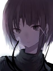Rule 34 | 1girl, absurdres, black shirt, brown hair, closed mouth, commentary, grey eyes, hair ornament, highres, iwakura lain, looking at viewer, poono, serial experiments lain, shirt, short hair, simple background, slit pupils, solo, upper body, white background, x hair ornament