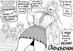 Rule 34 | ..., 1boy, 3girls, absurdres, bb (baalbuddy), blazer, breasts, comic, elf, english text, greyscale, highres, jacket, large breasts, laughing, long hair, monochrome, multiple girls, necktie, ojou-sama pose, open clothes, open jacket, original, pleated skirt, pointy ears, simple background, skirt, speech bubble, twintails, white background