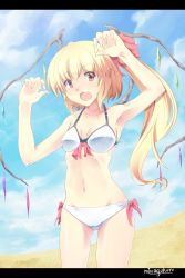 Rule 34 | 1girl, :d, absurdres, armpits, artist name, bare shoulders, bikini, blonde hair, blush, bow, breasts, cleavage, female focus, flandre scarlet, hair bow, highres, letterboxed, looking at viewer, minagokoro, navel, no headwear, open mouth, red eyes, short hair, side ponytail, smile, solo, swimsuit, touhou, white bikini, wings