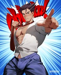 1boy ace_attorney artist_name bara black_hair black_pants blush english_text highres large_pectorals male_focus muscular muscular_male necktie otokobara pants partially_unbuttoned patreon_username pectorals phoenix_wright pointing pointing_at_viewer shirt short_hair simple_background solo undressing white_shirt