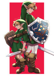Rule 34 | 2boys, absurdres, belt, belt buckle, blue eyes, boots, brown belt, brown footwear, buckle, closed mouth, commentary request, deku shield, from side, green hat, green tunic, hat, highres, holding, holding shield, holding sword, holding weapon, hylian shield, link, male focus, master sword, mi9clous, multiple boys, nintendo, pants, pointy ears, profile, shield, simple background, sword, the legend of zelda, the legend of zelda: ocarina of time, time paradox, tunic, twitter username, weapon, white pants, wooden shield, young link