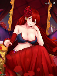 Rule 34 | 1girl, bandeau, bare shoulders, blush, breasts, chair, character request, cleavage, closed mouth, collarbone, dungeon and fighter, female focus, flower, hair between eyes, hair flower, hair ornament, head rest, knight (dungeon and fighter), large breasts, long hair, long skirt, looking at viewer, midriff, petals, red eyes, red flower, red hair, red rose, rose, rose petals, shaojiang, skirt, smile, solo, strapless, very long hair