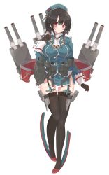 Rule 34 | 10s, 1girl, ascot, beret, black gloves, black hair, black thighhighs, blush, breasts, chain, full body, garter straps, gloves, hat, highres, kagerou (shadowmage), kantai collection, large breasts, long sleeves, looking at viewer, machinery, military, military uniform, red eyes, short hair, solo, takao (kancolle), thighhighs, turret, uniform, white background, wrist cuffs
