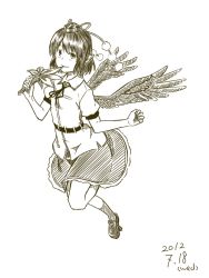 Rule 34 | 1girl, belt, dated, hand fan, feathered wings, female focus, geta, hat, holding, kawashina (momen silicon), looking at viewer, monochrome, pointy ears, shameimaru aya, shirt, short hair, sketch, skirt, smile, solo, tokin hat, touhou, white background, wings
