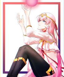 Rule 34 | blouse, blue eyes, boots, breasts, epic seven, from side, gold trim, long hair, looking at viewer, pink hair, shirt, sitting, small breasts, solo, tenebria (epic seven), twintails, very long hair, white shirt