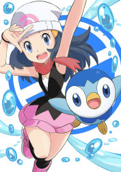 Rule 34 | 1girl, absurdres, arm up, armpits, beanie, black shirt, black socks, blue eyes, blue hair, boots, bracelet, commentary request, creatures (company), dawn (pokemon), floating hair, game freak, gen 4 pokemon, hands up, hat, highres, jewelry, kneehighs, long hair, narrow waist, nintendo, official art, open mouth, pink footwear, pink skirt, piplup, pointing, pointing up, poke ball print, poke ball symbol, pokemon, pokemon (anime), pokemon (creature), pokemon dppt (anime), red scarf, scarf, shirt, skirt, sleeveless, socks, standing, standing on one leg, teeth, water drop, yasuda shuuhei