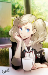 Rule 34 | 10s, 1girl, artist name, blonde hair, blue eyes, bush, chair, cup, elbow rest, hair ornament, hair over shoulder, hairclip, hand on own chin, hood, hood down, hoodie, looking at viewer, mug, parted bangs, persona, persona 5, school emblem, sitting, smile, solo, table, takamaki anne, tamago (yotsumi works), tree, twintails, wall