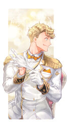 Rule 34 | 1boy, adjusting clothes, adjusting gloves, blonde hair, bow, bowtie, closed mouth, collared shirt, epaulettes, gloves, granblue fantasy, green eyes, highres, jacket, looking to the side, male focus, protected link, shirt, short hair, simple background, sky kbuc, smile, solo, twitter username, upper body, vane (granblue fantasy), white gloves, white jacket, white shirt