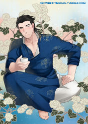Rule 34 | 1boy, bara, barefoot, black hair, collarbone, commentary, cup, facial hair, hair slicked back, holding, kienbiu, male focus, mature male, muscular, muscular male, nambinhthankhi, original, pectoral cleavage, pectorals, short hair, solo, stubble, teacup