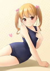 Rule 34 | 1girl, black one-piece swimsuit, brown eyes, clothes pull, cowboy shot, flat chest, highres, long hair, old school swimsuit, one-piece swimsuit, one-piece swimsuit pull, orange hair, original, polka dot, polka dot background, school swimsuit, shibacha, solo, swimsuit, thigh gap, twintails