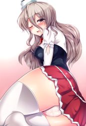 Rule 34 | 10s, 1girl, bad id, bad pixiv id, breasts, brown eyes, grey hair, highres, kantai collection, large breasts, long hair, miniskirt, one eye closed, panties, pola (kancolle), silly (marinkomoe), skirt, smile, solo, underwear, wavy hair