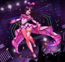 Rule 34 | 1girl, absurdres, bare shoulders, blue eyes, blue hair, boots, breasts, brown hair, cleavage, concert, confetti, full body, hairband, happy, highres, indoors, kizuna ai, kizuna ai inc., large breasts, legs, long hair, open mouth, pink hair, ponytail, shorts, smile, stage, stage lights, standing, standing on one leg, strapless, teeth, thighlet, tongue, upper teeth only, virtual youtuber, wrist cuffs