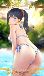 Rule 34 | 10s, 1girl, ass, bikini, black hair, blue eyes, blurry, blurry background, breasts, character name, copyright name, craft essence (fate), depth of field, fate (series), from behind, gridman universe, hair ornament, hair scrunchie, high ponytail, highres, leaning forward, legs together, long hair, looking at viewer, looking back, medium breasts, orange scrunchie, outdoors, parted lips, pixiv id, ponytail, scrunchie, side-tie bikini bottom, side-tie bottom, solo, ssss.gridman, standing, swimsuit, takarada rikka, thong, translation request, water, water drop, watermark, web address, yijian ma